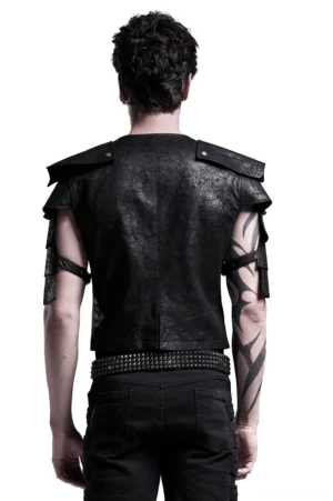 Black distressed leather vest back view showing textured cracked finish and shoulder design