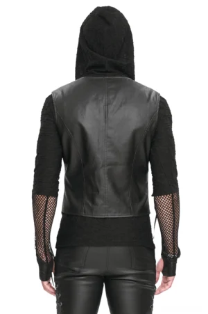 Black asymmetric gothic vest back view on male model showing rear panel design
