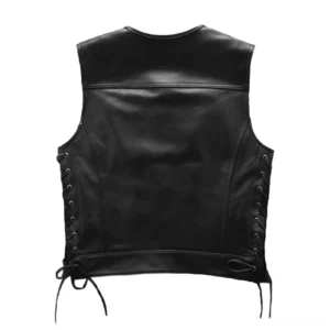 Black leather motorcycle vest rear view displaying adjustable side laces and hem drawstrings, flat lay studio shot