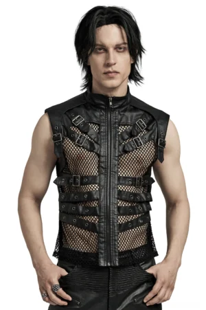 Black gothic zippered leather vest front full view with mesh back panel and metal buckle straps on male model