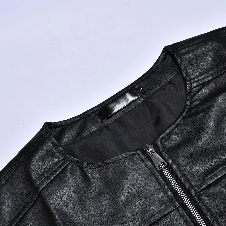 Gothic leather vest collar and front metal zipper detail close-up showing quality stitching and polyester lining