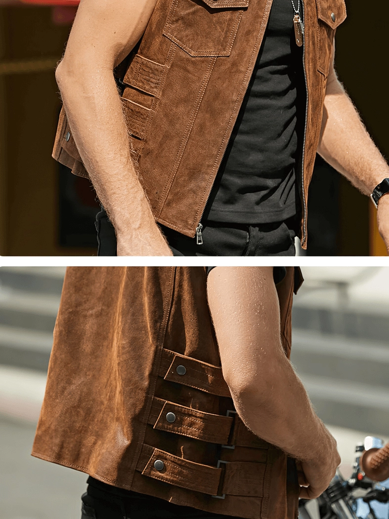 Men's gothic pigskin leather motorcycle vest quality stitching and seam construction close-up detail shot