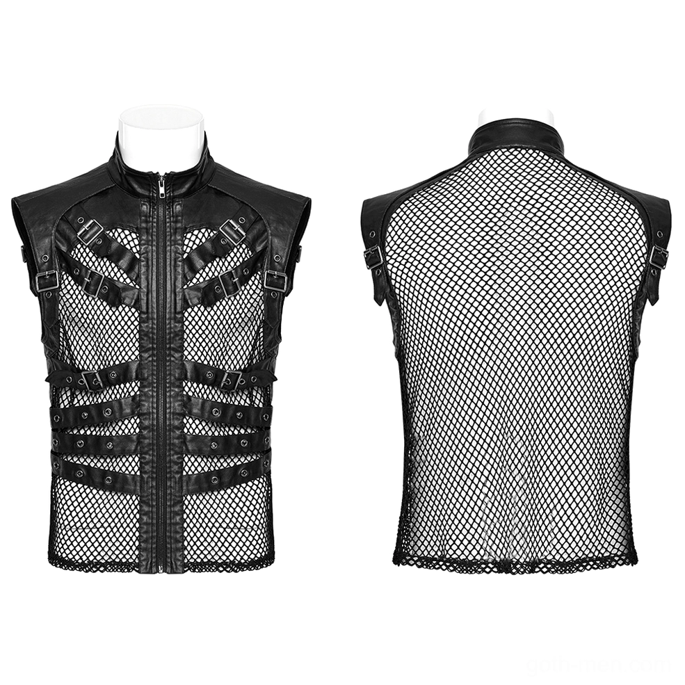 Black gothic zippered leather vest flat lay front and rear view on mannequin showing mesh back and buckle details