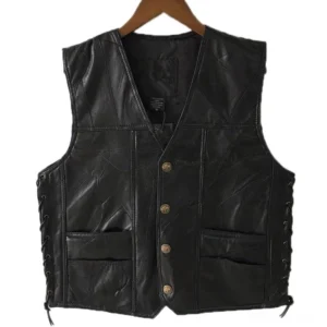 Black patchwork leather gothic biker vest front view with golden metal buttons and side lace-up details