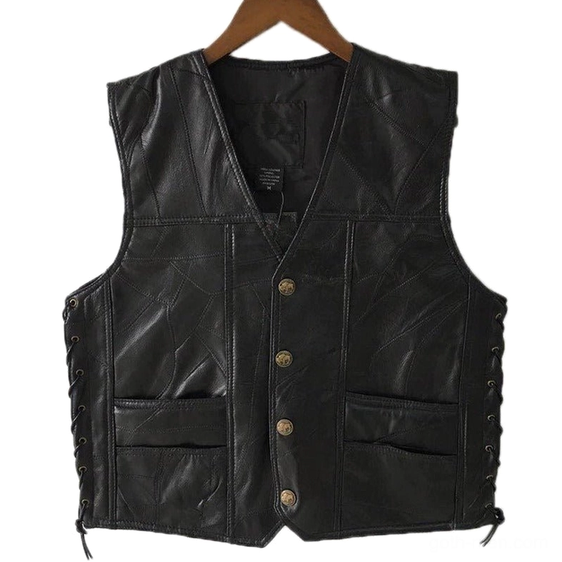 Black patchwork leather gothic biker vest front view with golden metal buttons and side lace-up details