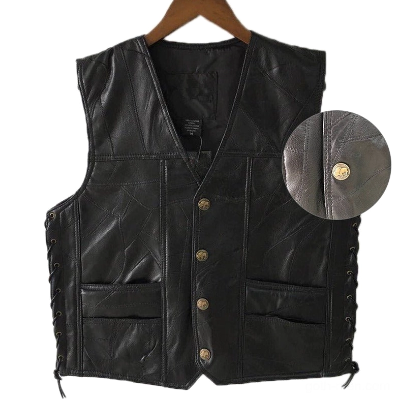 Black leather gothic vest front view highlighting button closure and dual front pockets