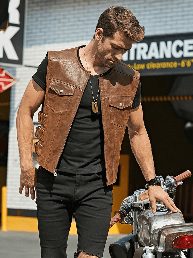 Gothic pigskin leather motorcycle vest full-body styling with accessories showing rebellious attitude and aesthetic
