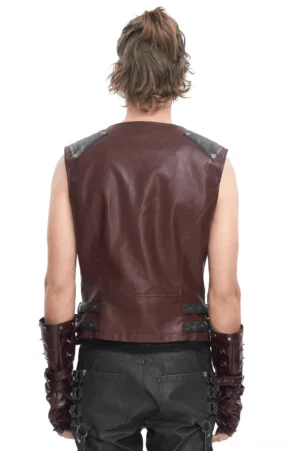 Men's gothic burgundy leather vest back view showing wine-red panel and waist buckle straps
