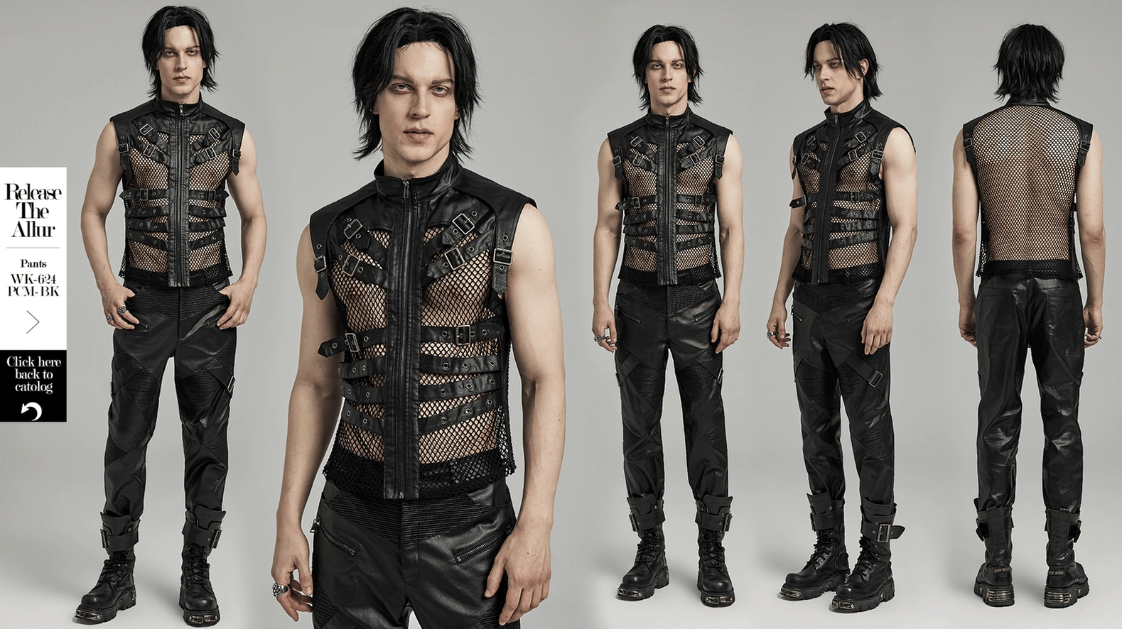 Black gothic zippered leather vest product overview showing all angles and design features with industrial aesthetic