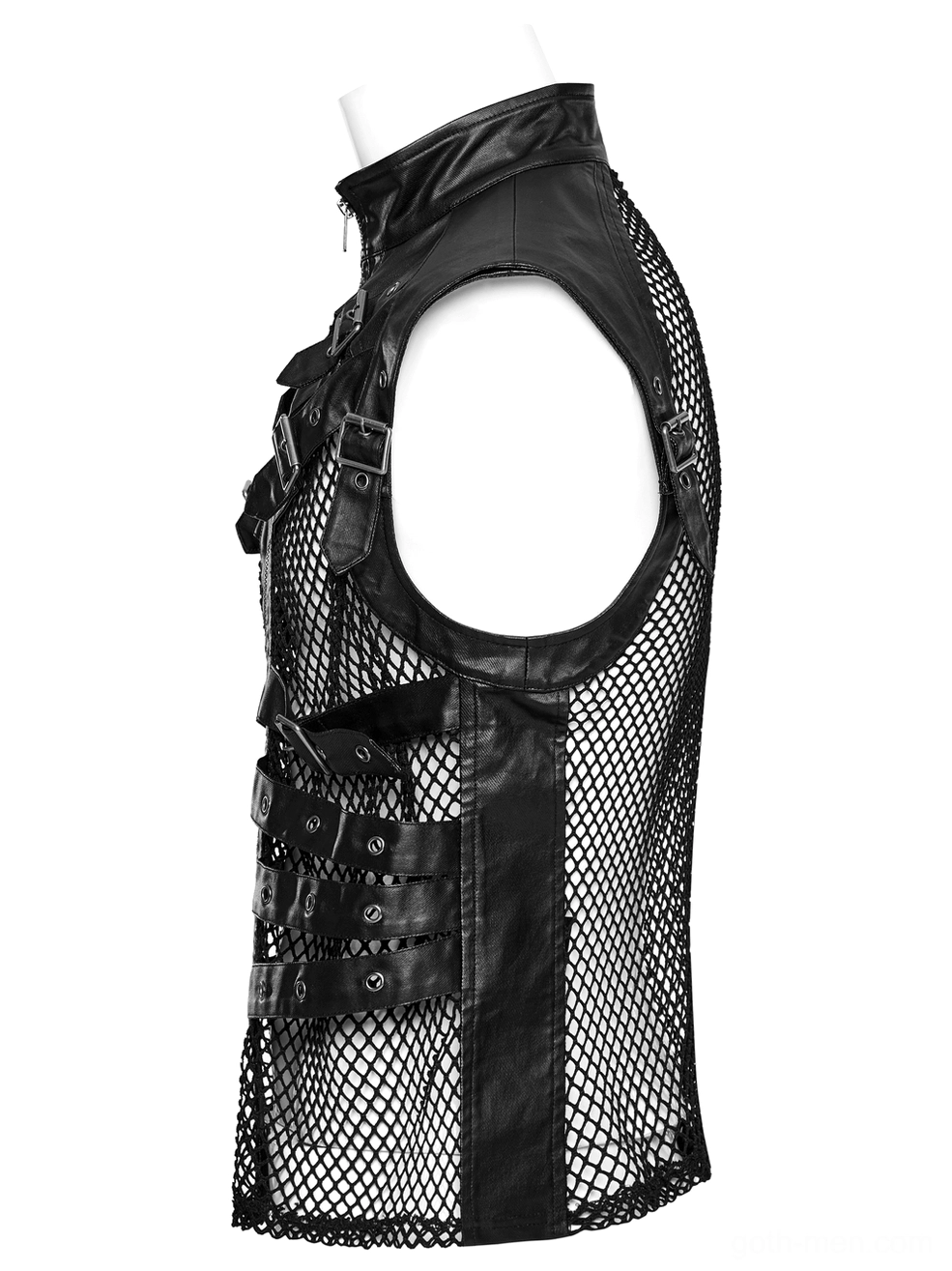 Black gothic zippered leather vest left side view on mannequin showing sleeveless cut and side buckle hardware