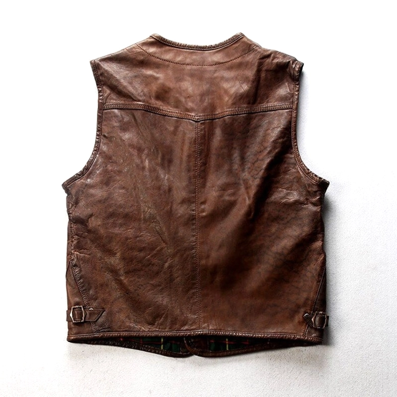 Back view of genuine leather biker waistcoat showing western yoke detailing and side adjustment buckles for tailored fit
