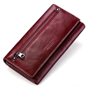 Burgundy genuine leather long wallet with front zippered pocket, 3/4 view gothic clutch for women