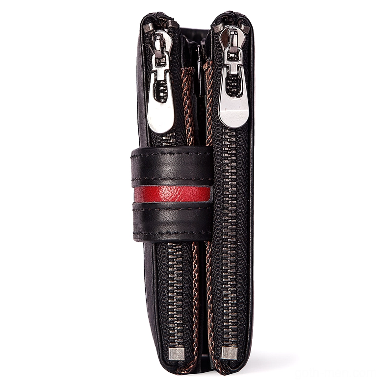 Detailed view of gothic leather wallet construction showing genuine cow leather texture and metal hardware accents