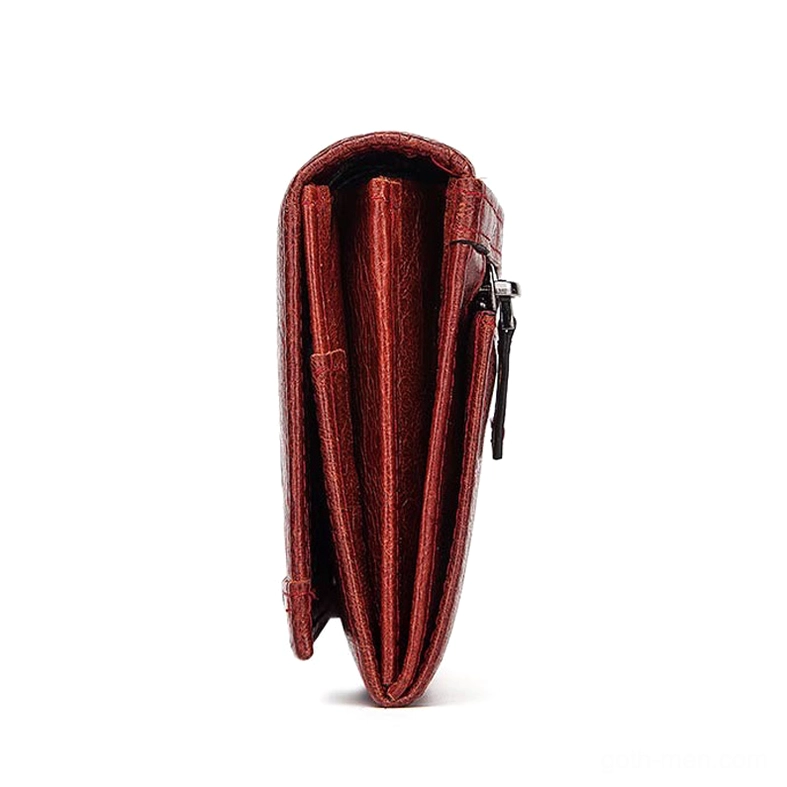 Gothic long leather wallet clutch interior compartments showcase, displaying multiple pockets for cards, coins, and cell phone storage