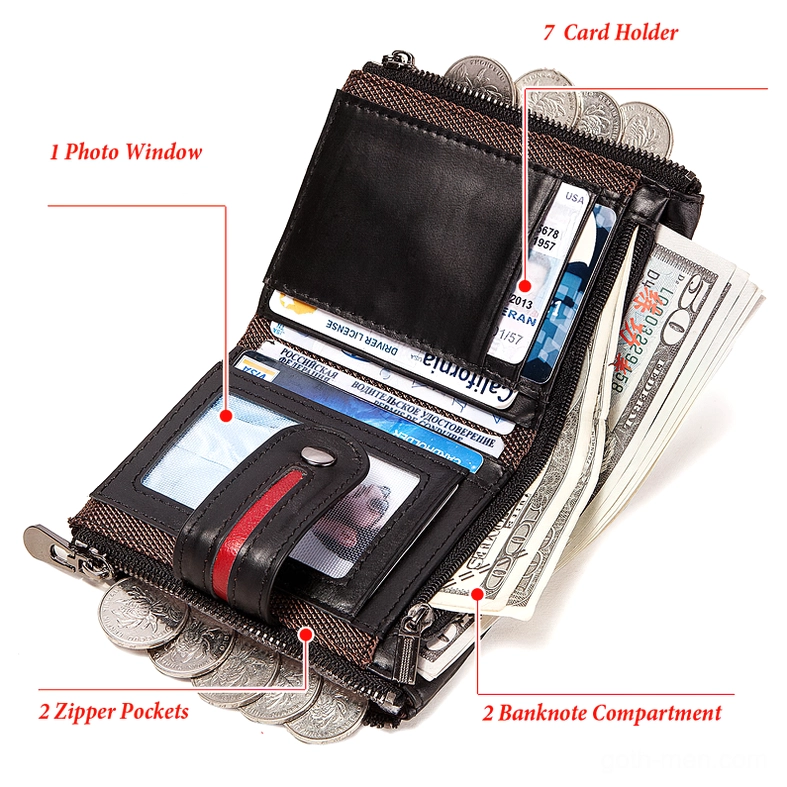 Interior view of gothic leather wallet showing multi-compartment organization with RFID blocking protection and card holders