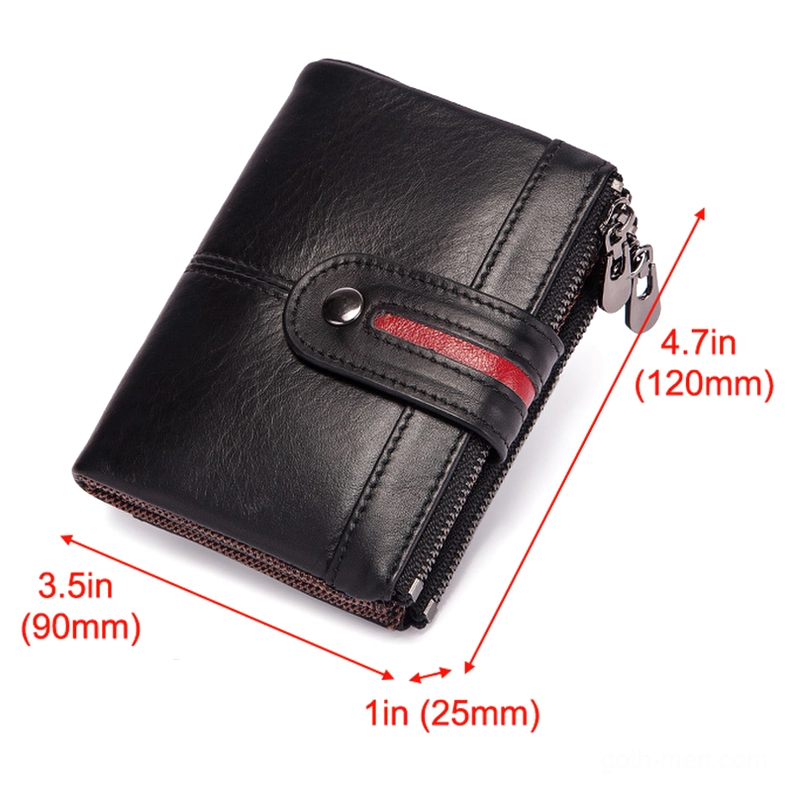 Black leather wallet with marked dimensions showing 4.7 inches by 3.5 inches with striped snap strap detail