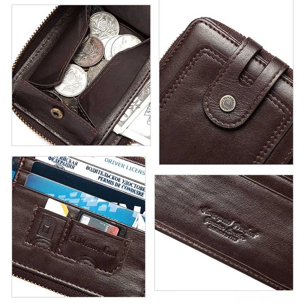Black and brown leather wallets flat lay styling for men's gothic fashion accessories collection