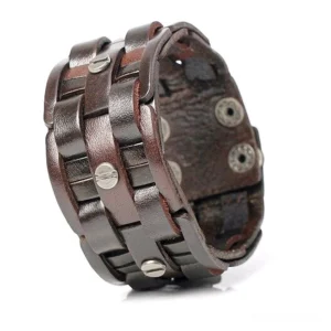 Coffee brown and black leather hand-woven gothic bracelets, side-by-side close-up displaying multi-layer woven straps with snap fasteners