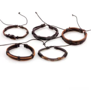individual punk rock leather wristbands with adjustable pull-tie closures dark brown