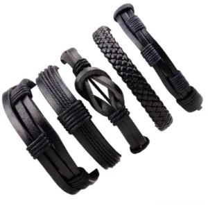 Gothic leather bracelet collection 5 distinct styles mixed weave patterns flat lay display