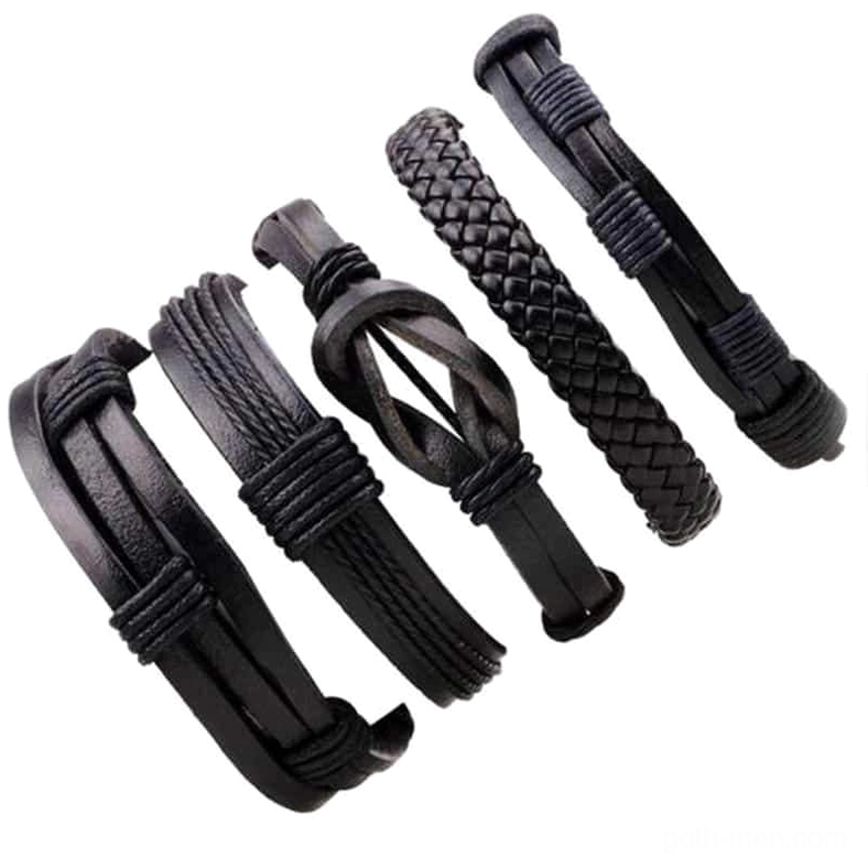 Gothic leather bracelet collection 5 distinct styles mixed weave patterns flat lay display