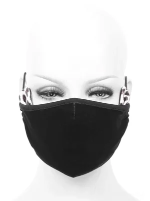 Black velvet gothic mask with leopard ear accents worn on mannequin head, front facing view showing full mask design