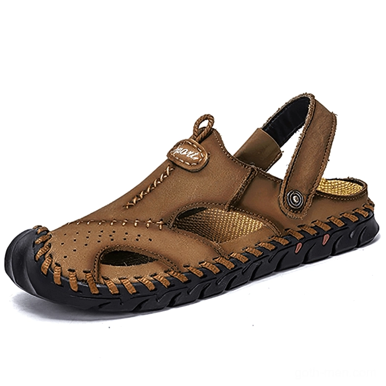 Men's light brown genuine leather gothic sandals with textured rubber outsole - flat lay