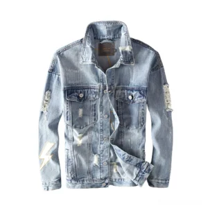 Lightning bolt distressed denim jacket front view with light blue wash and ripped details