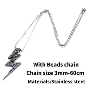 Lightning bolt pendant with 3mm bead chain necklace, 60cm length gothic stainless steel jewelry