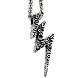 Gothic lightning bolt pendant close-up, unisex stainless steel necklace with antiqued silver textured finish
