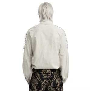 Gothic linen shirt rear view showing lace-up sleeve shoulder details and relaxed fit silhouette