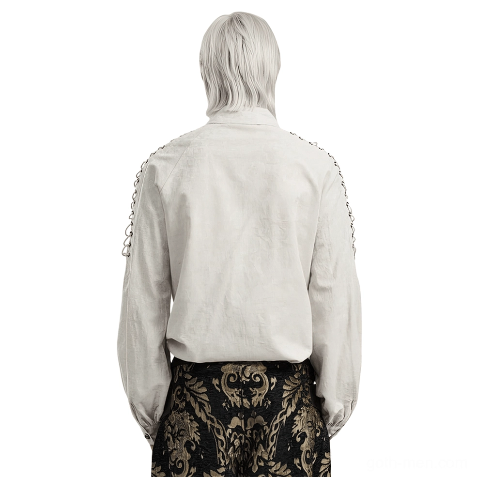 Gothic linen shirt rear view showing lace-up sleeve shoulder details and relaxed fit silhouette