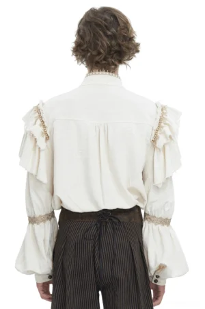 Back view of dark romantic ruffled shirt with gathered yoke and lace details