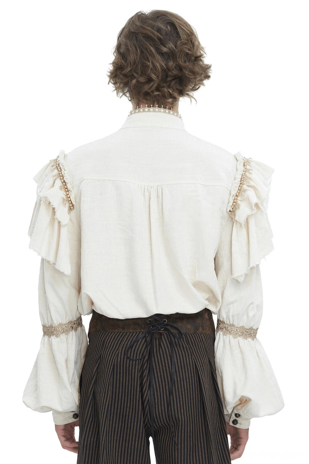 Back view of dark romantic ruffled shirt with gathered yoke and lace details