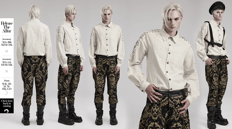 Eyelet chain linen gothic shirt styled full view - demonstrating outfit versatility for alternative fashion