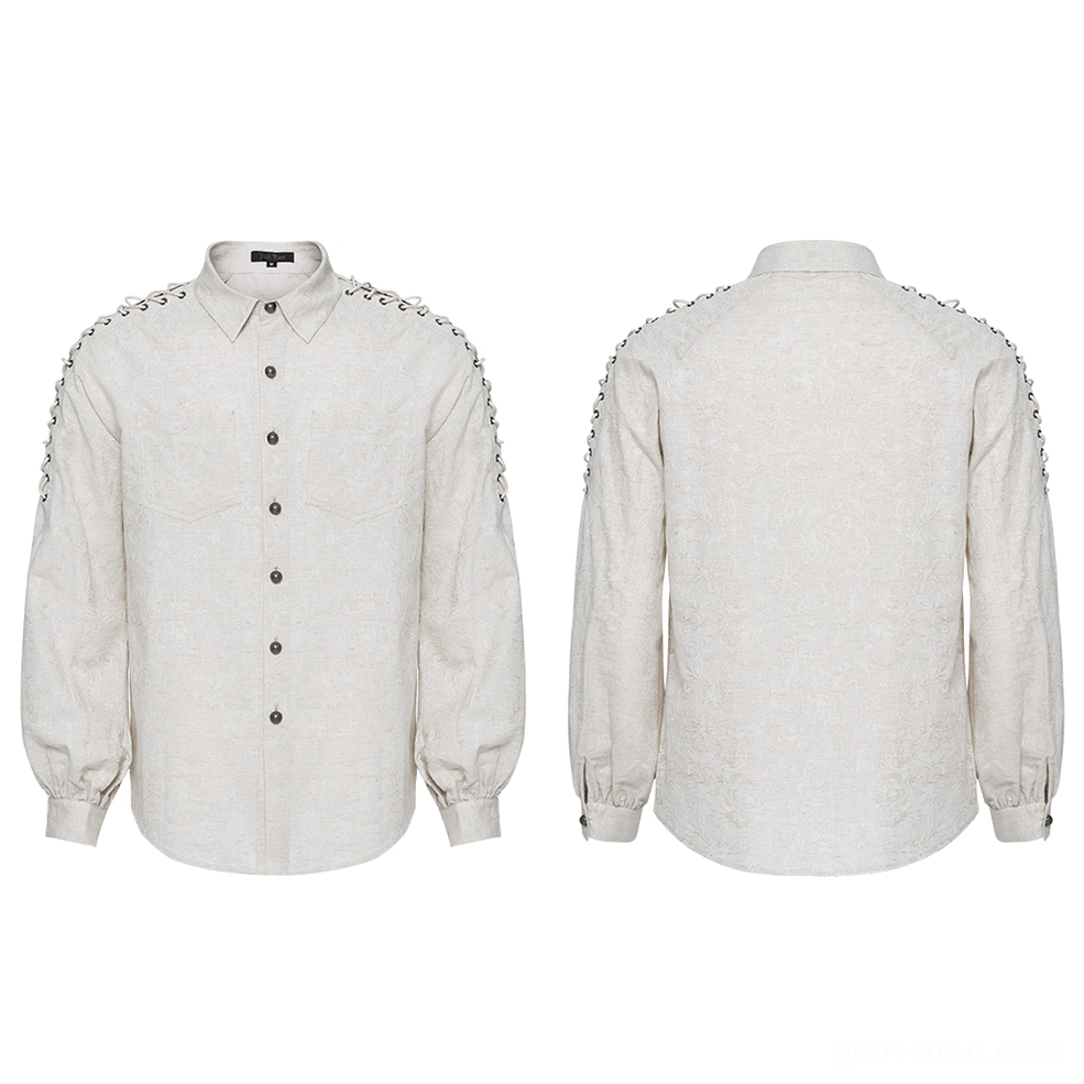 Eyelet chain linen gothic shirt flat lay display front and back - showing voluminous lantern sleeves and embroidered linen texture