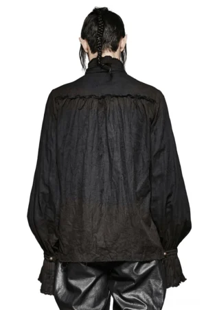 Black Victorian linen gothic shirt back view showing gathered yoke and bishop sleeves with frayed buttoned cuffs on male model