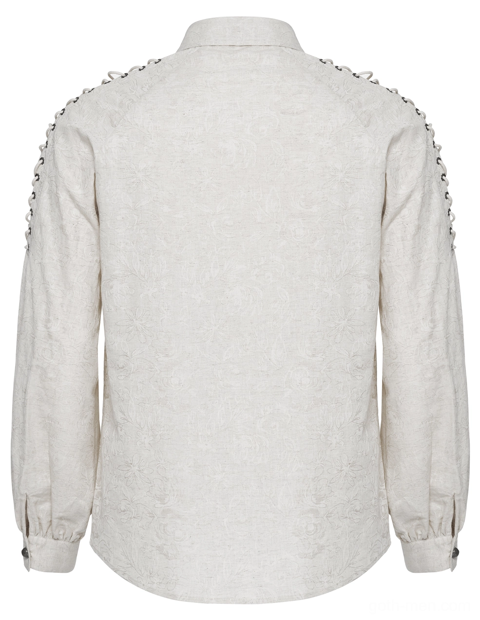 Rear flat lay of eyelet chain gothic linen shirt showing plain back panel and buttoned cuffs