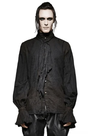 Black Victorian linen gothic shirt with ruffled tie detail, front view on male model wearing size M against white studio background