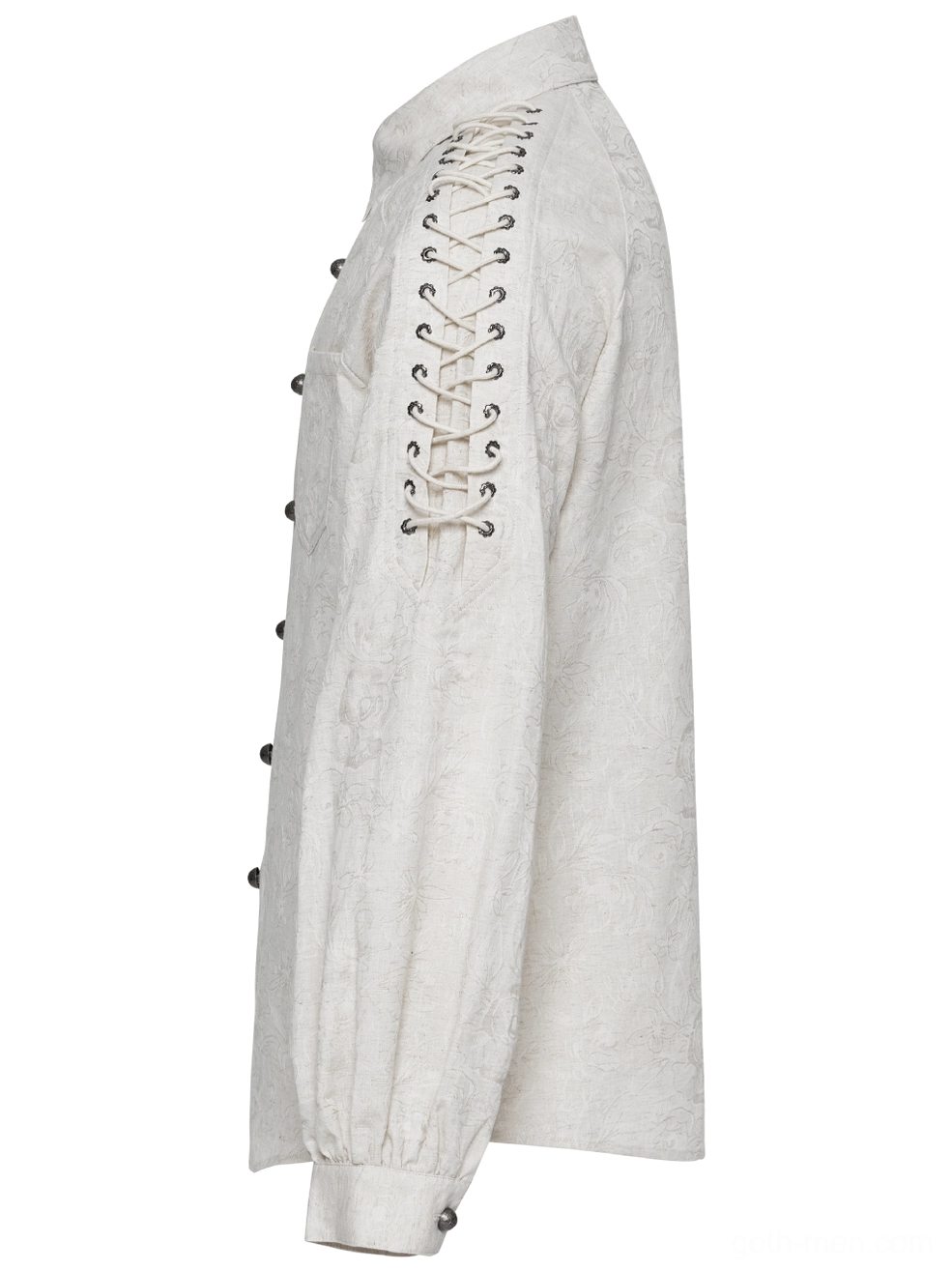 Side profile of men's gothic linen shirt on model showing vertical sleeve lace-up detailing and relaxed fit