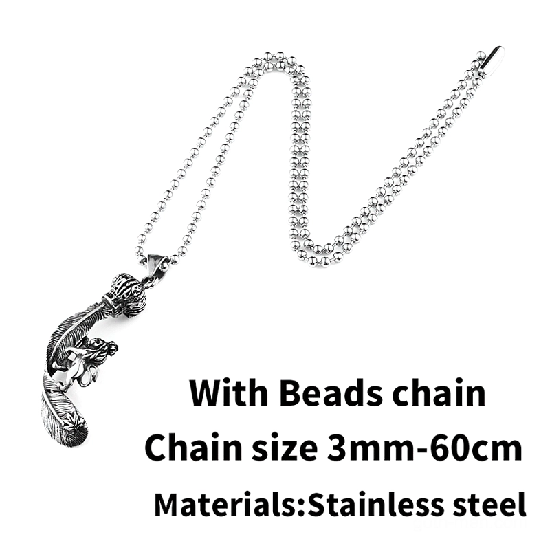 Gothic lion feather pendant with 3mm stainless steel bead chain, angled display view