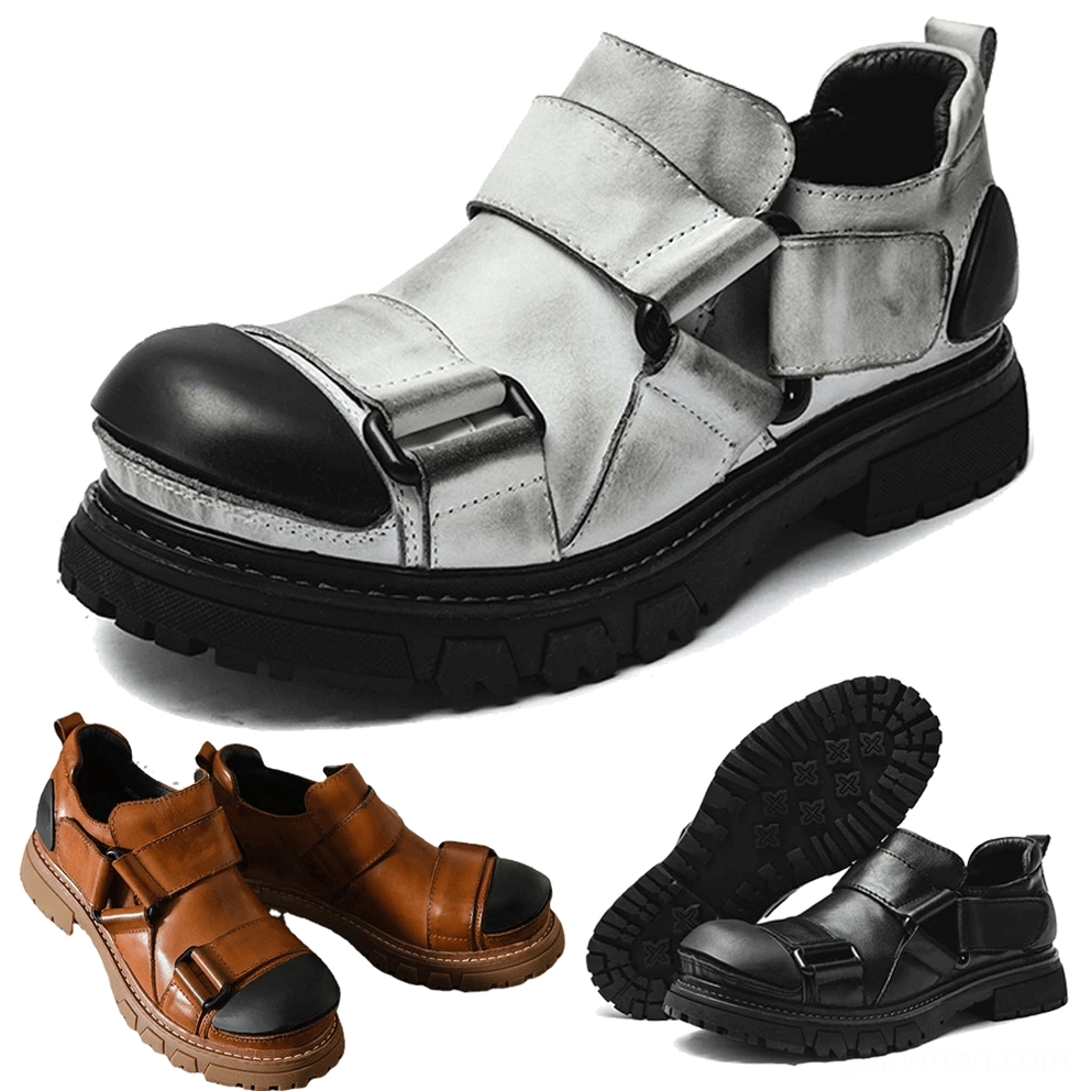 Gothic platform loafer collection flat lay showing three colorways: tan brown, gray and black with velcro strap designs