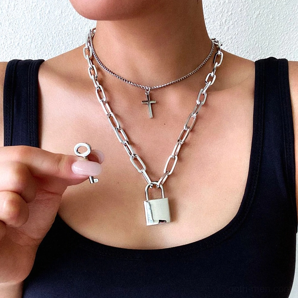 Gothic lock and chain necklace with cross pendant collection showcase - multiple style variations
