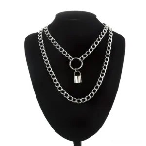 Silver gothic lock chain necklace with dual-layer design, displayed on black jewelry bust mannequin, front view showing padlock pendant