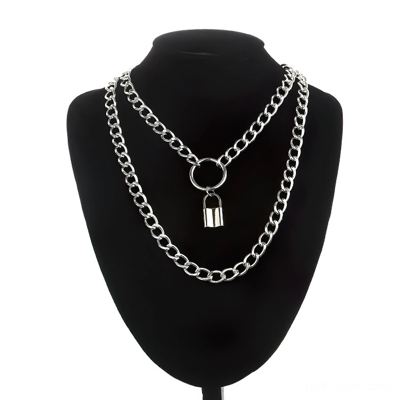 Silver gothic lock chain necklace with dual-layer design, displayed on black jewelry bust mannequin, front view showing padlock pendant