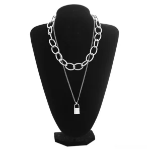 Silver dual-layer gothic lock chain necklace with chunky and delicate chains displayed on black mannequin