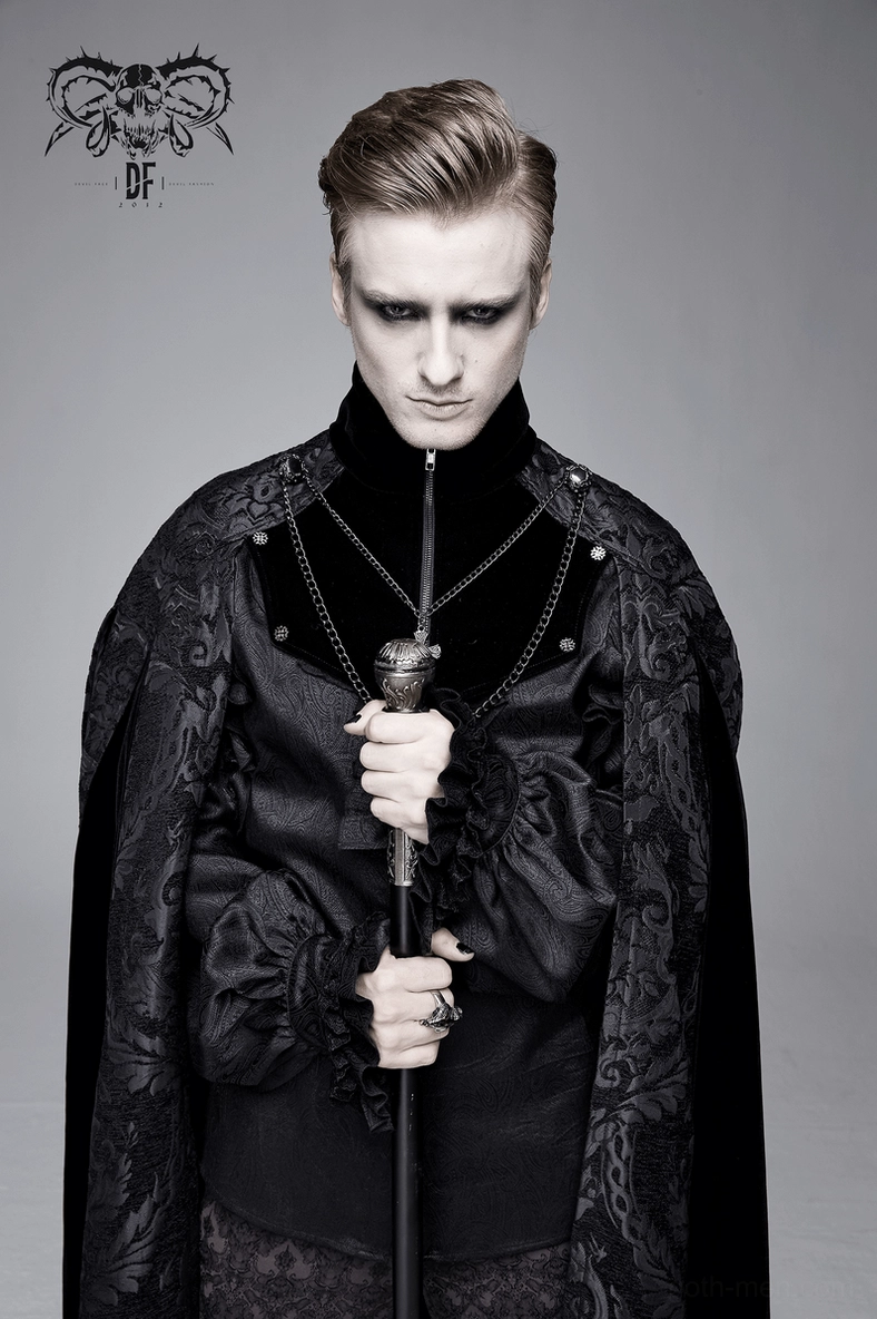 Men's gothic long cloak with damask pattern, stand-up collar detail, and theatrical silhouette for alternative fashion