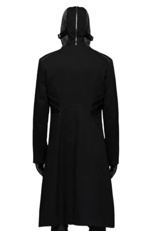 Back view of black gothic long coat showing tailored waist seam and hooded design on white studio background