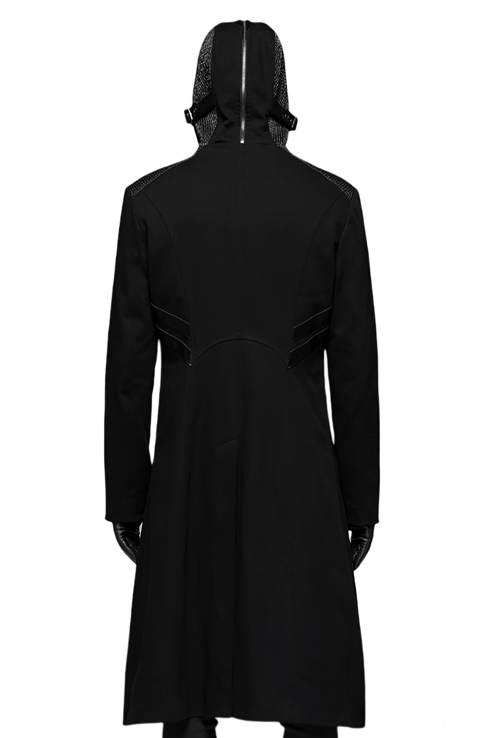 Back view of black gothic long coat showing tailored waist seam and hooded design on white studio background