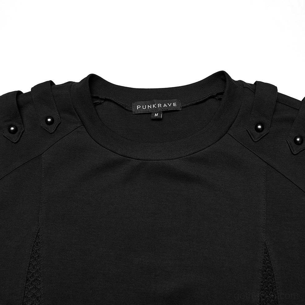 Close-up detail of black gothic long-sleeve top crew neckline and shoulder button strap elements